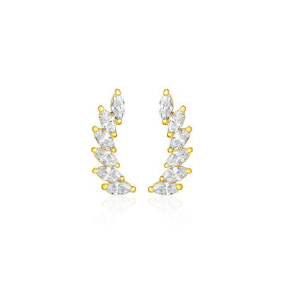 14k Yellow Gold Leaf Motif Climber Post Earrings with Marquise Cubic Zirconias