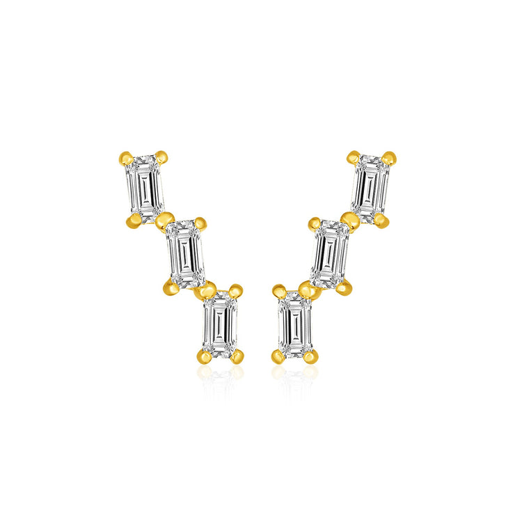 14k Yellow Gold Climber Post Earrings with Baguette Cubic Zirconias